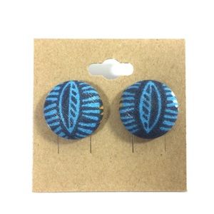 Fabric Button Stud Earrings Blue Leaf Womens